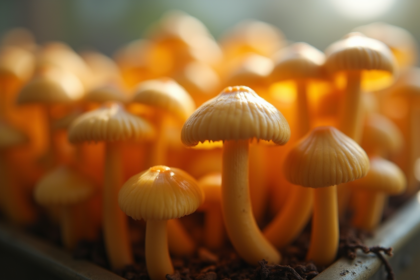 Gros plan sur des chanterelles en culture dans des tubes