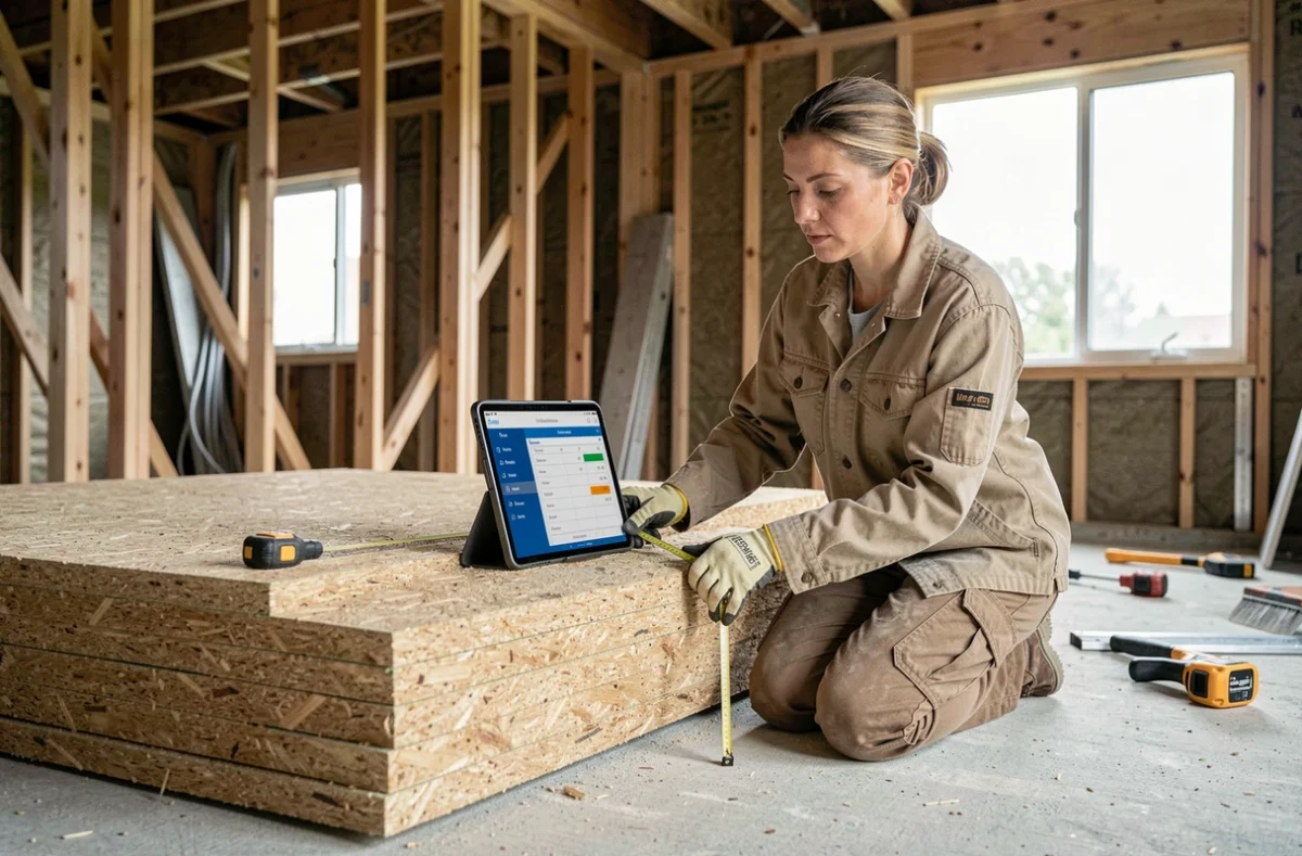 Entrepreneuse mesurant des panneaux de fibre de bois sur un chantier en consultant une calculette de résistance thermique sur tablette