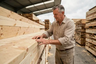 Charpentier choisissant des voliges en bois brut dans un dépôt de matériaux de construction