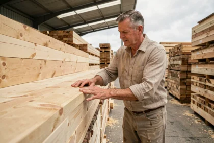 Charpentier choisissant des voliges en bois brut dans un dépôt de matériaux de construction