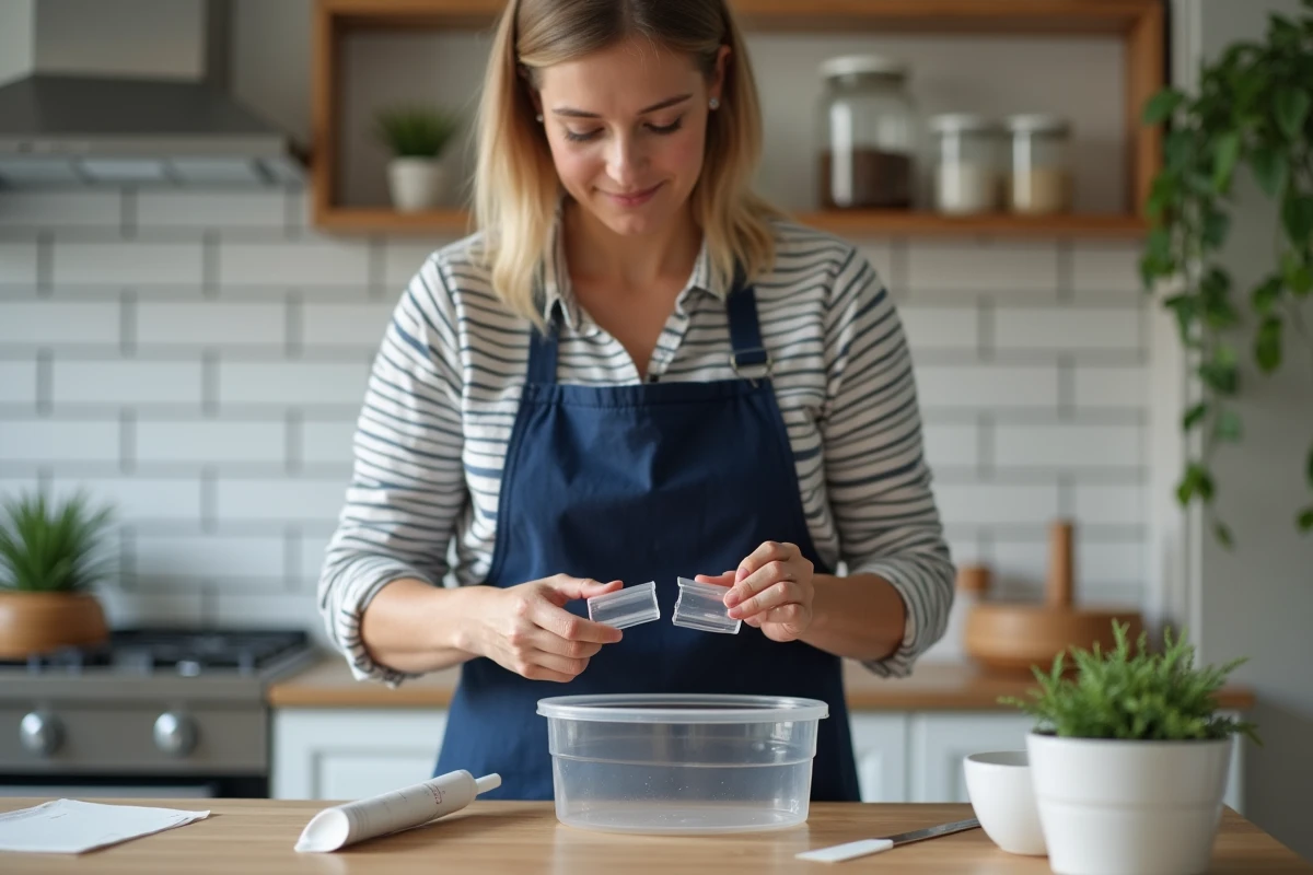 Femme assemblant deux morceaux de plastique transparent cassé avec une colle époxy bicomposant dans une cuisine