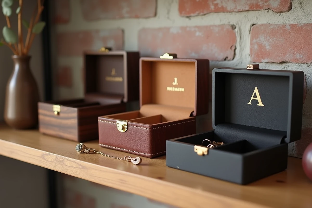 Trois boîtes à bijoux durables côte à côte en bois noyer, cuir monogrammé et bambou laqué sur une étagère en chêne