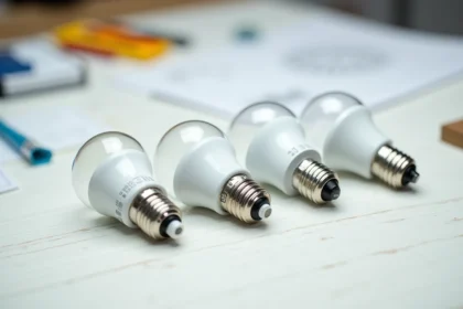 Comparaison de différents culots de petites ampoules E14, E27 et GU10 posés sur une surface en bois blanc