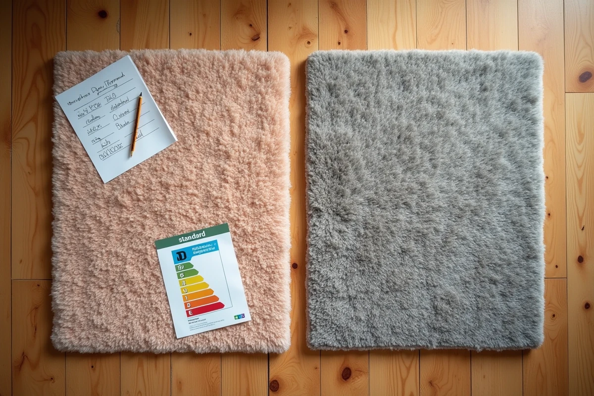 Comparaison de deux échantillons de moquette isolante et standard avec une fiche DPE pour choisir le meilleur revêtement thermique en location