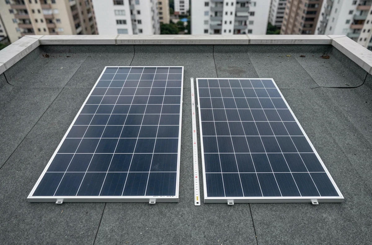 Comparaison de deux tailles de panneaux solaires sur un toit plat avec règle de mesure
