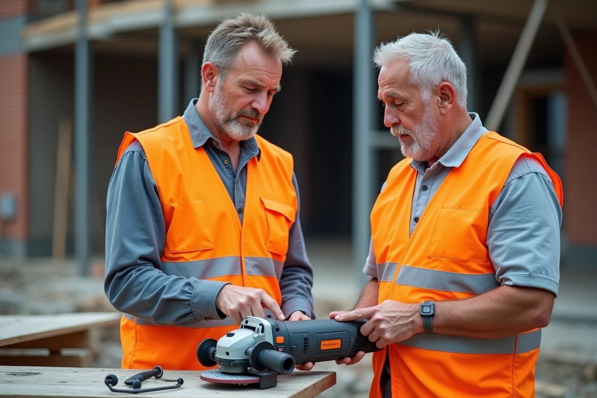 Deux artisans expérimentés discutant d'un outil Erbauer sur un chantier de construction, comparatif avis professionnels