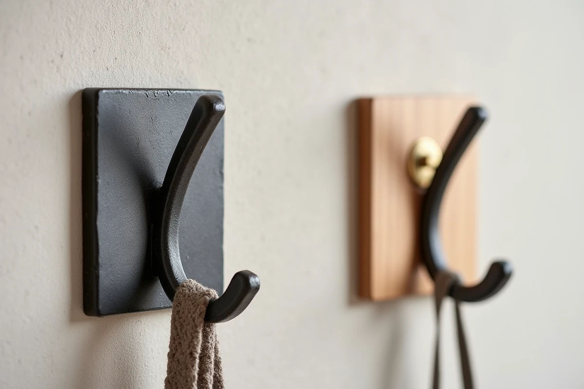 Comparatif de crochets de porte-manteau mural en fer forgé noir et en bois laqué avec insert laiton sur fond neutre