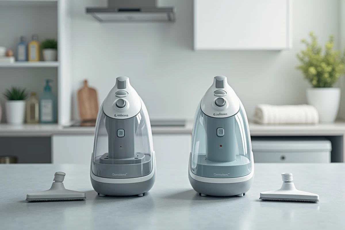 Comparatif de deux modèles de nettoyeurs vapeur Lidl posés côte à côte avec leurs accessoires sur une surface grise