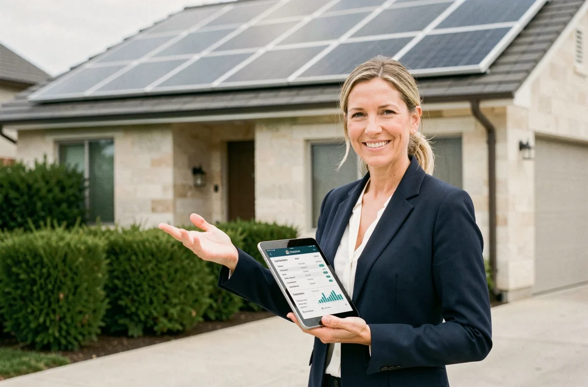 Conseillère en énergie solaire présentant un devis pour une installation photovoltaïque de 6 kW devant une maison