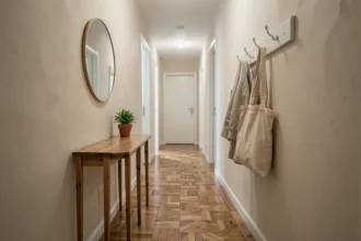 Couloir étroit décoré avec une console en bois, un miroir rond et des crochets muraux blancs pour un aménagement petit budget