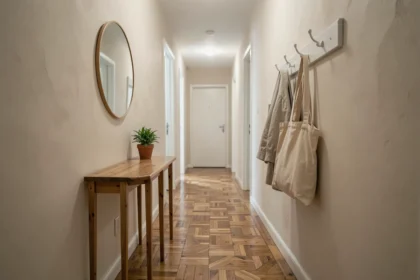 Couloir étroit décoré avec une console en bois, un miroir rond et des crochets muraux blancs pour un aménagement petit budget