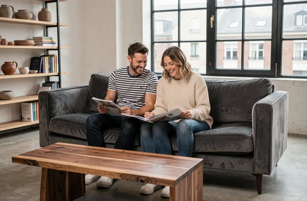 Couple feuilletant un catalogue de meubles français sur un canapé en velours gris dans un salon contemporain avec sol en béton ciré