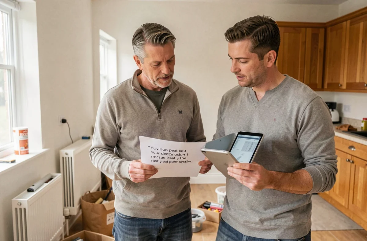 Couple consultant un devis pour l'installation d'une pompe à chaleur air eau dans leur maison en rénovation