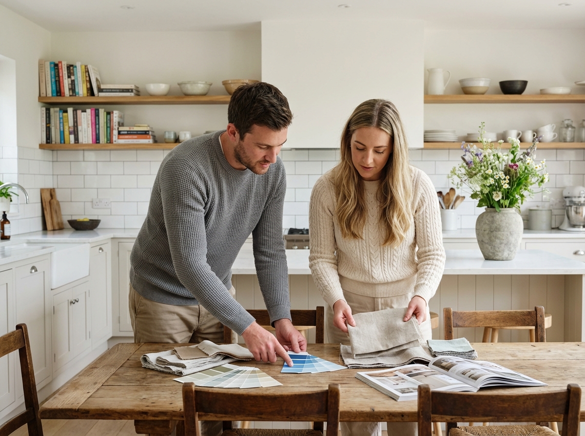 Jeune couple examinant des échantillons de couleurs à la table