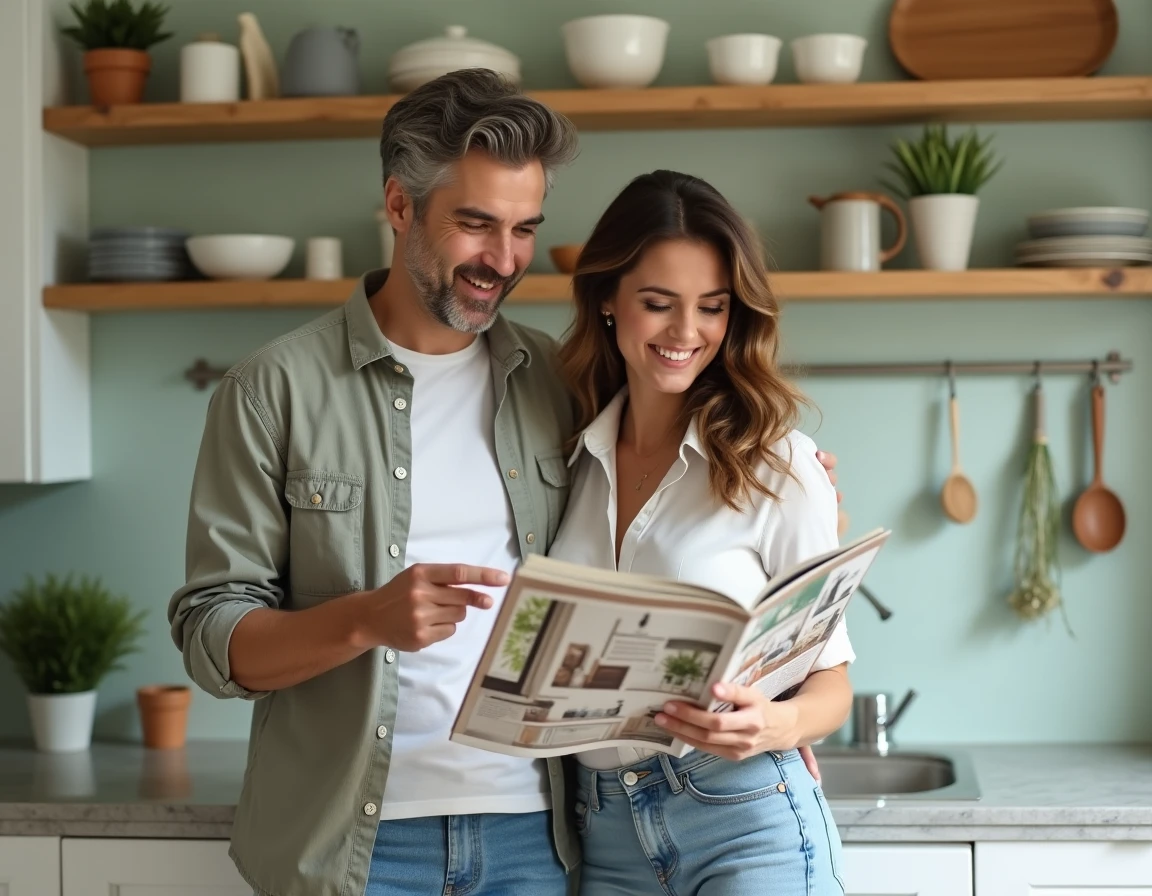 Couple feuilletant un magazine de décoration maison dans une cuisine rénovée avec plan de travail en marbre