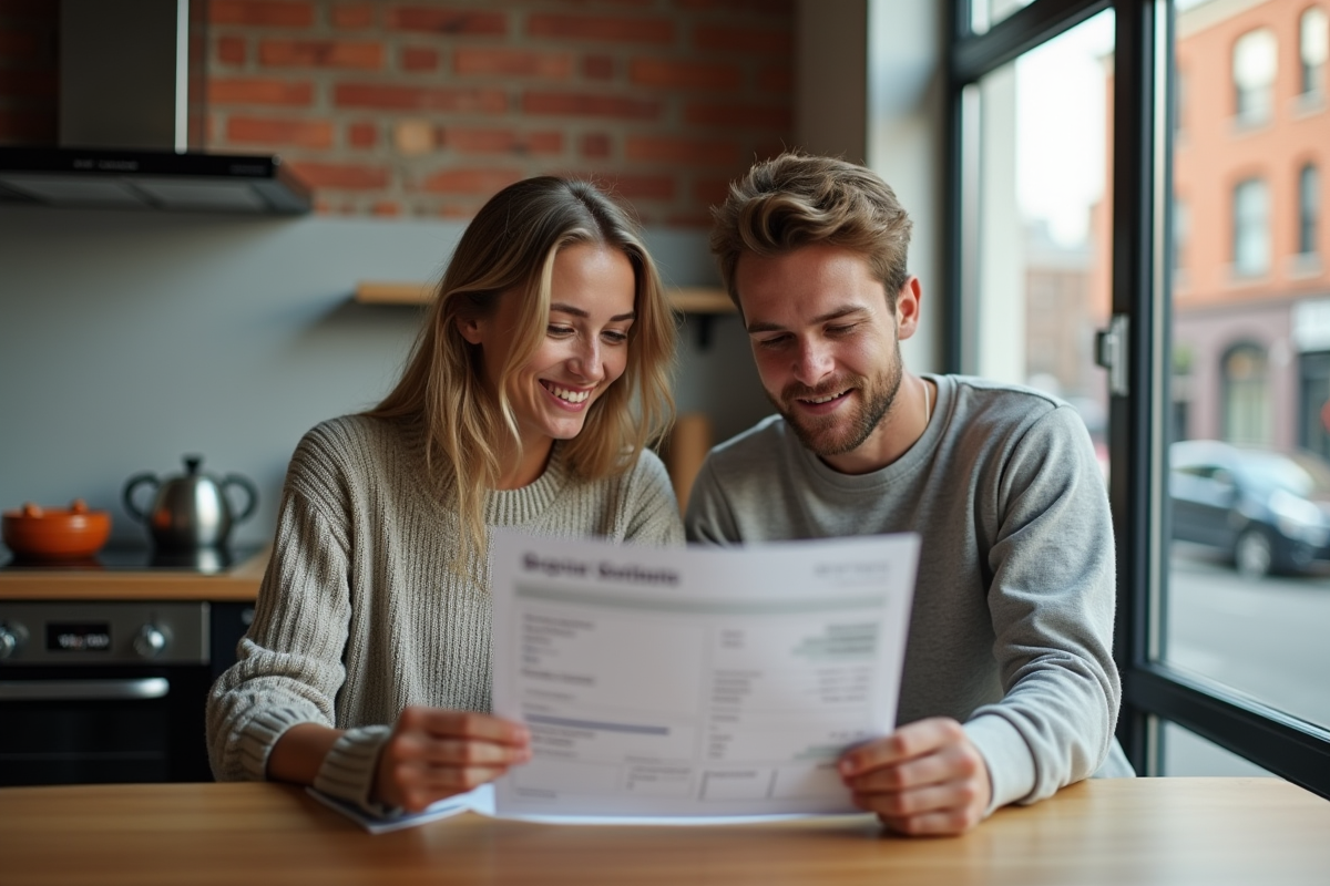 Jeune couple discutant d un devis dans une cuisine rénovée