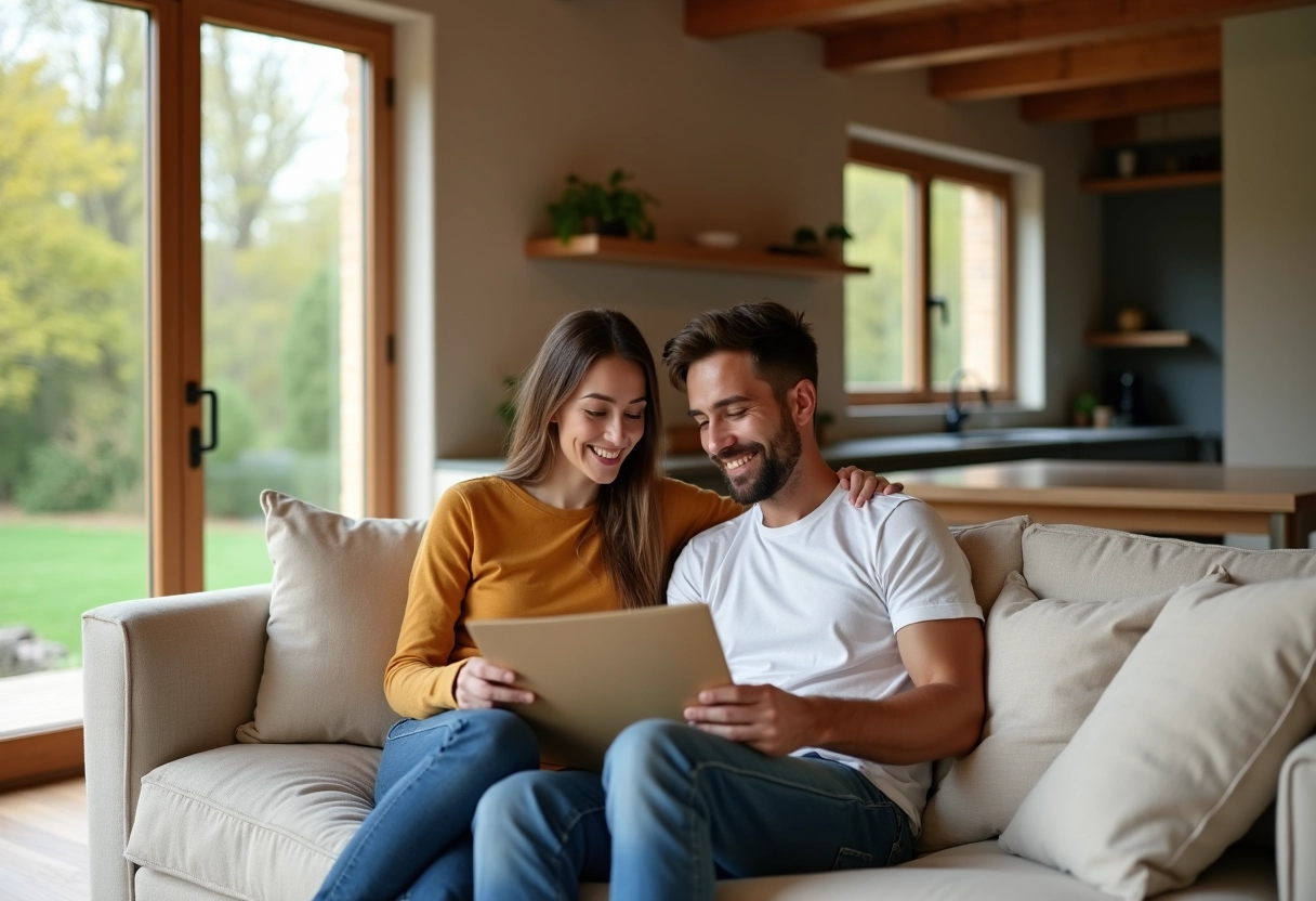 Jeune couple discutant de plans de rénovation écologique