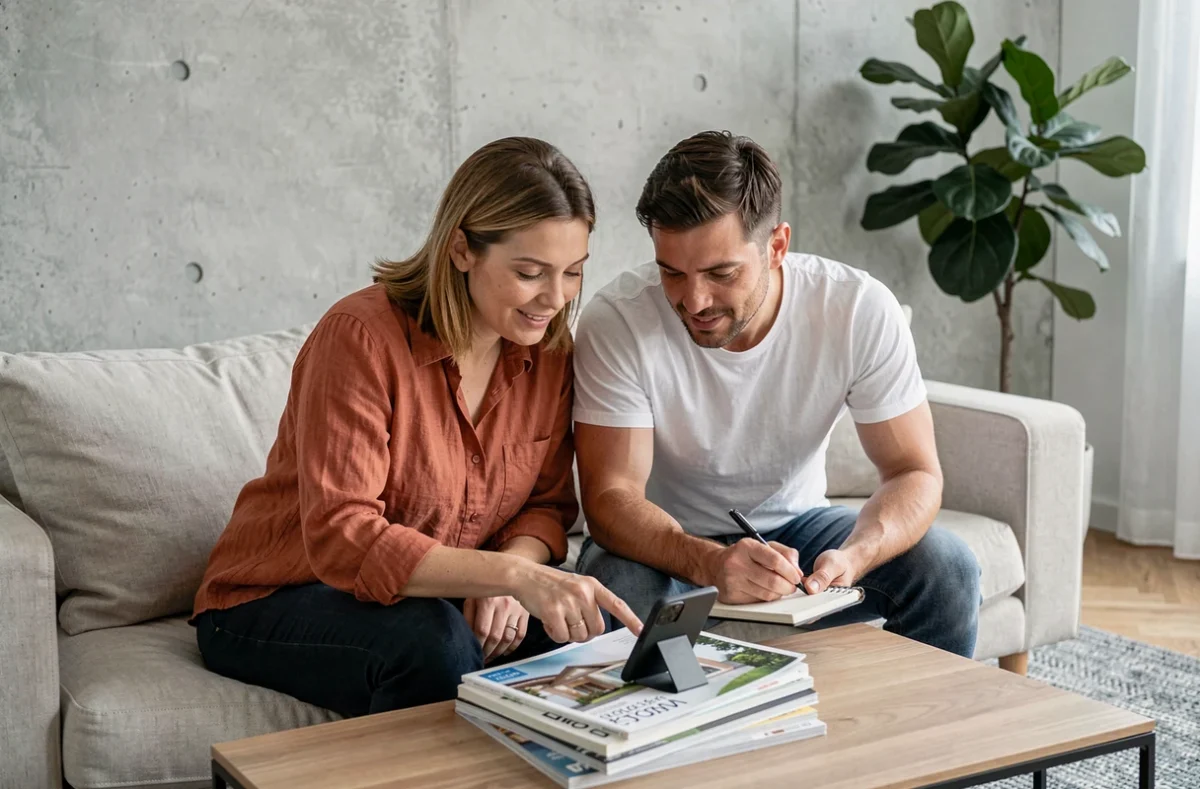 Couple consultant une visite virtuelle immobilière 360 sur smartphone depuis leur salon