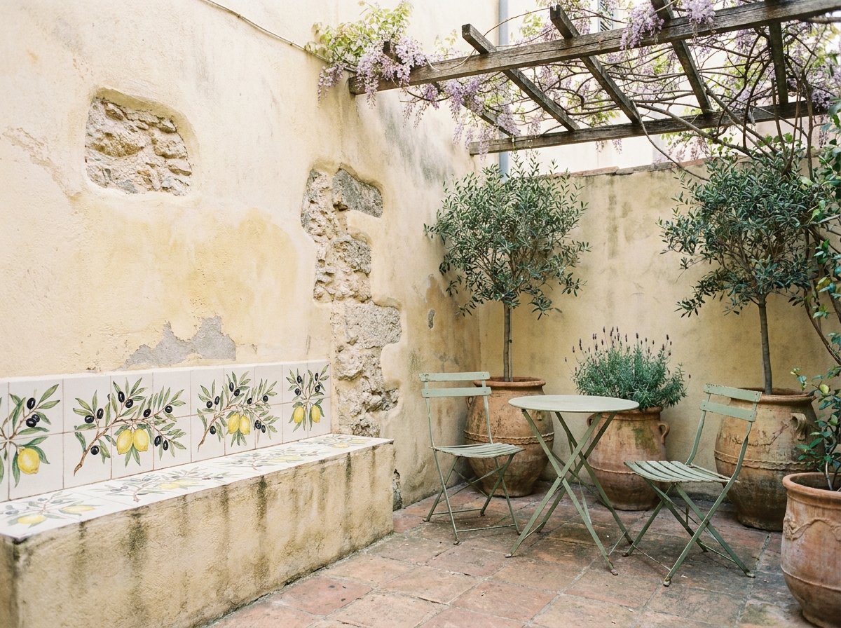 Petite cour intérieure aménagée avec charme à Grasse, table bistrot, olivier en pot et carreaux de céramique provençale