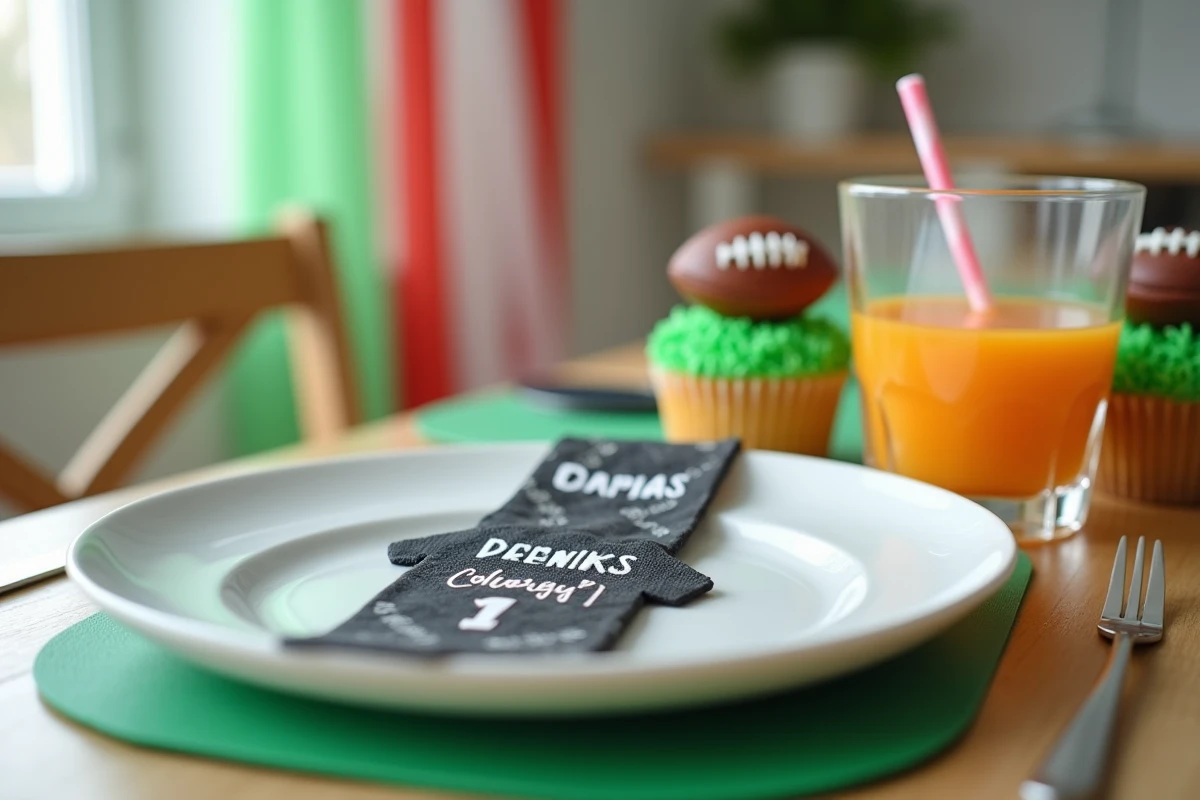 Détail d'un couvert d'anniversaire thème foot avec cupcake ballon de football, serviette à motifs et étiquette maillot