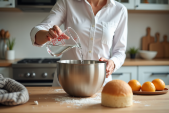 Personne cuisinant dans une cuisine lumineuse en versant de l'eau dans un bol