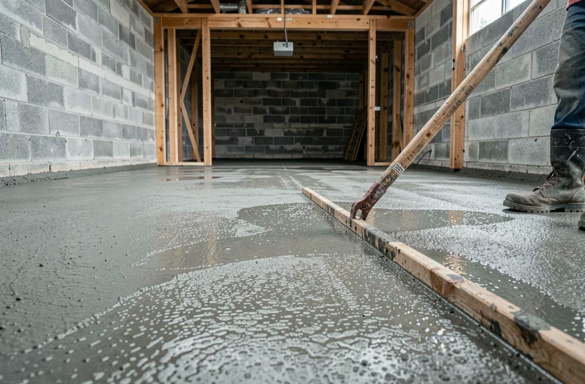 Dalle de béton fraîchement coulée pour un garage carrossable avec outil de lissage