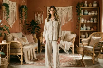 Femme dans un salon de style bohème avec mobilier en rotin, plantes suspendues et tapis vintage coloré