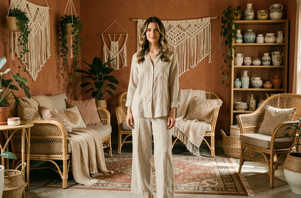 Femme dans un salon de style bohème avec mobilier en rotin, plantes suspendues et tapis vintage coloré