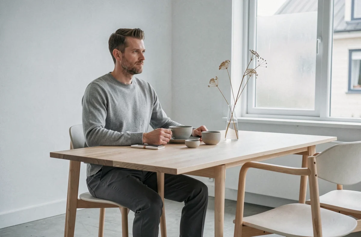 Homme assis dans une salle à manger scandinave épurée avec table en bois clair et décoration minimaliste