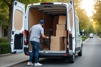 Déménagement avec un camion blanc chargé de cartons et vélo