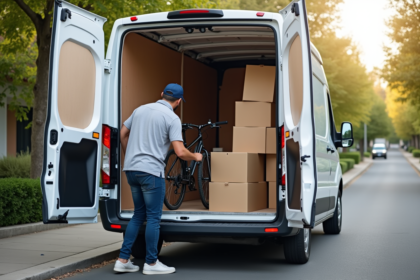 Déménagement avec un camion blanc chargé de cartons et vélo