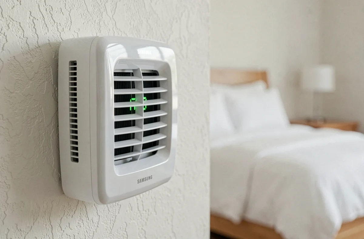 Détail de la façade et du panneau de commande d'une pompe à chaleur Samsung dans une chambre à coucher