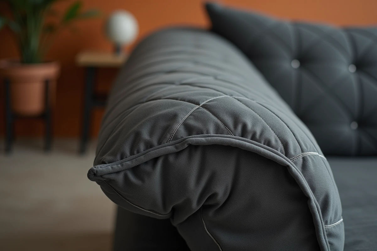 Détail de la texture matelassée d'une housse clic clac gris anthracite avec piqûres en losanges