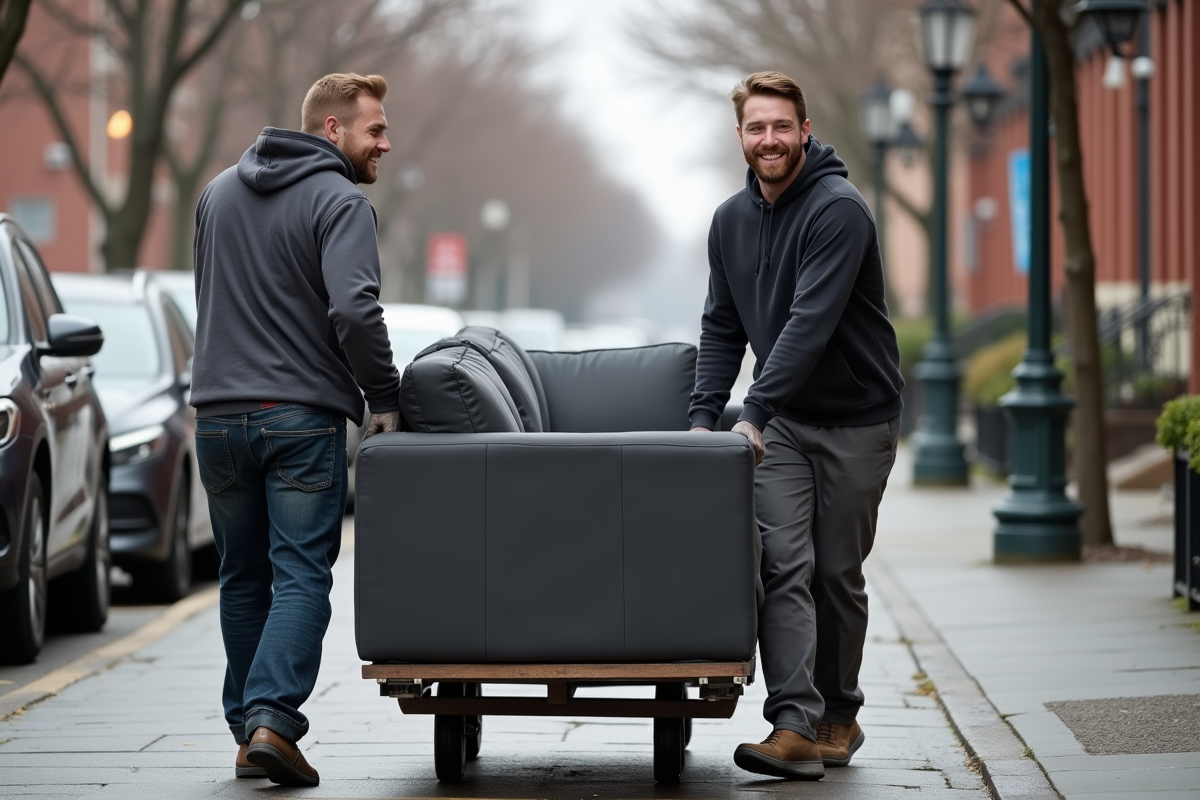 Deux hommes transportant un canapé dans la rue urbaine