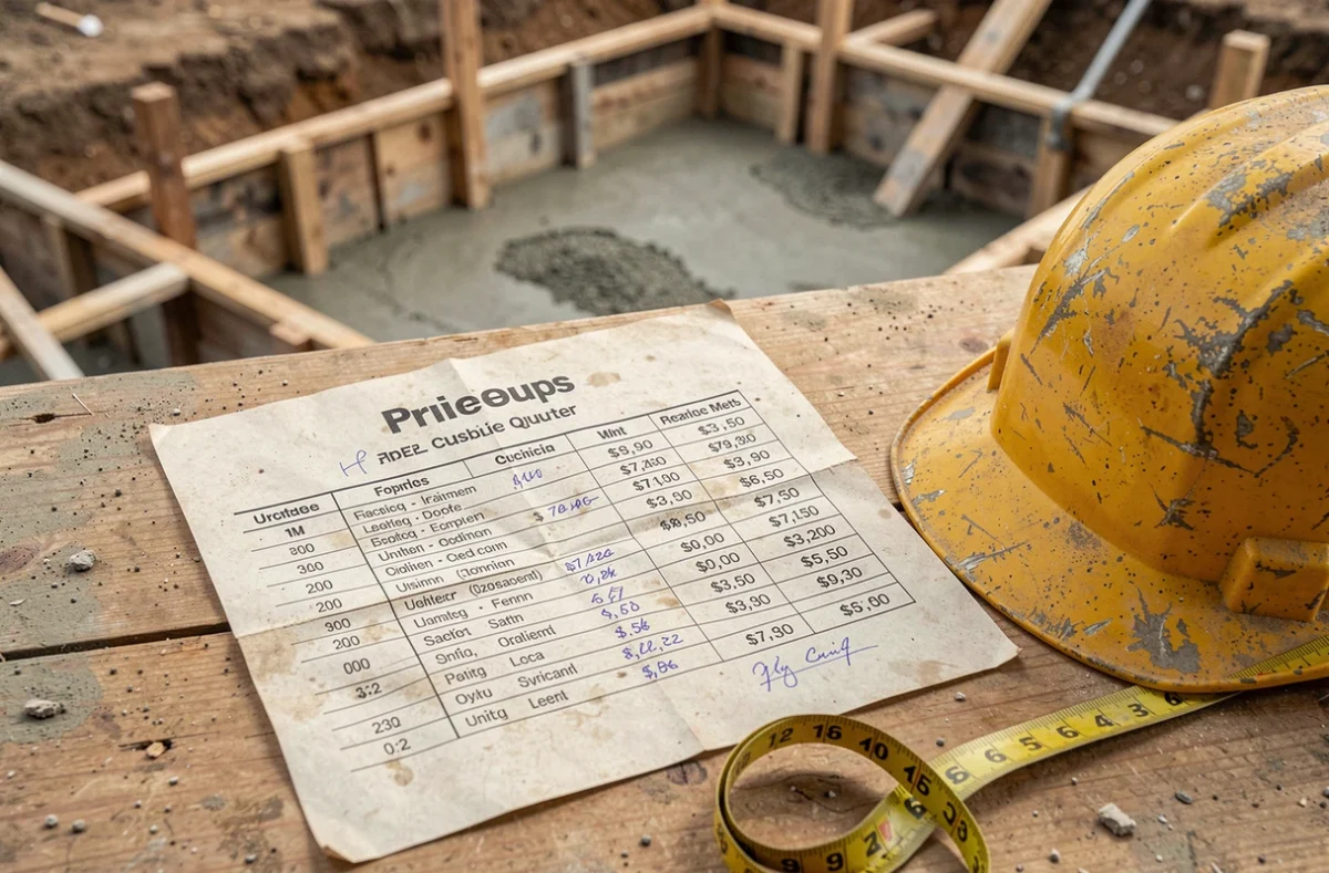 Devis de béton toupie avec prix au m3 posé sur table de chantier avec casque et mètre ruban, fondation en arrière-plan