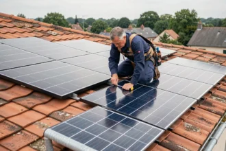 Technicien mesurant les dimensions d'un panneau solaire sur une toiture en tuiles