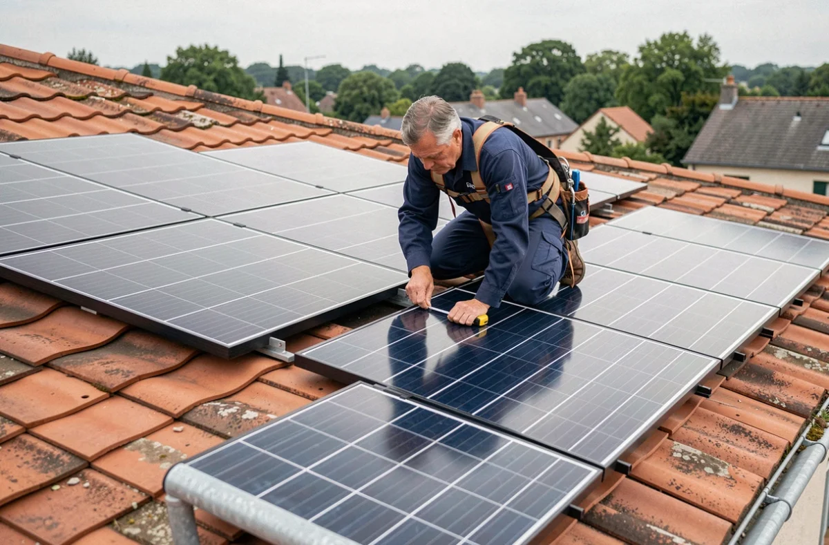Technicien mesurant les dimensions d'un panneau solaire sur une toiture en tuiles
