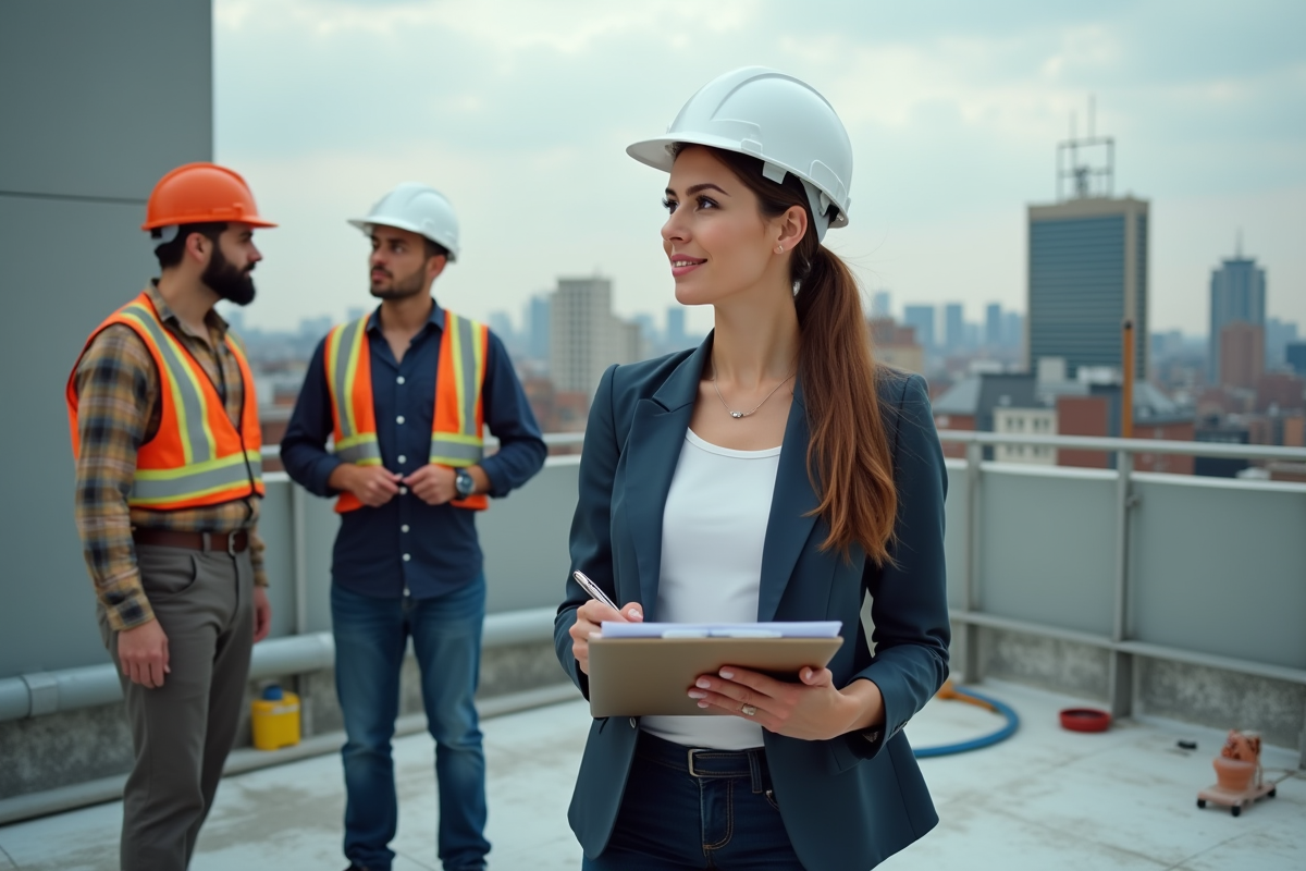 Gestionnaire discutant avec ouvriers sur le toit