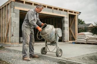 Ouvrier dosant du béton avec une bétonnière pour la dalle d'un garage carrossable