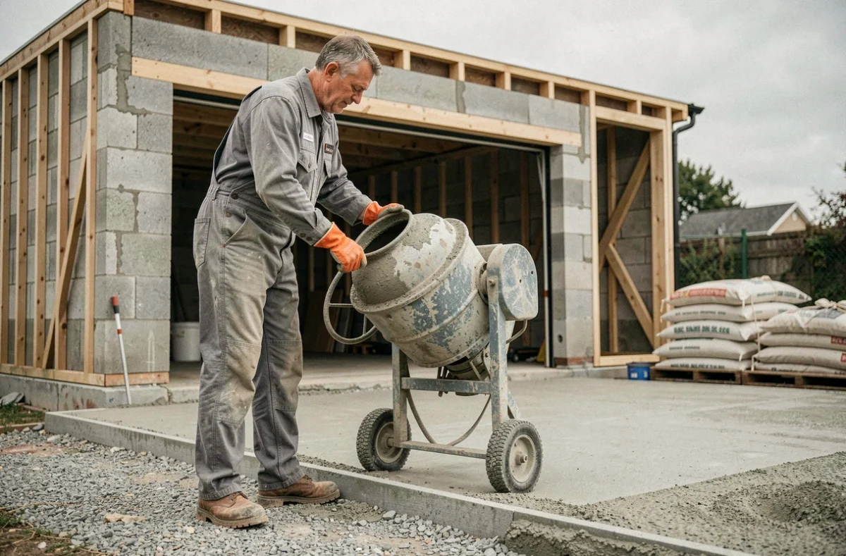 Ouvrier dosant du béton avec une bétonnière pour la dalle d'un garage carrossable