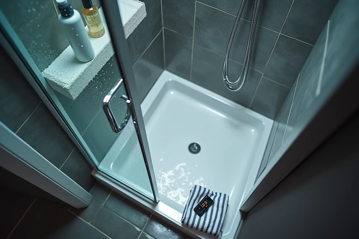 Vue en plongée d'une douche moderne avec minuteur de débit d'eau pour maîtriser la consommation