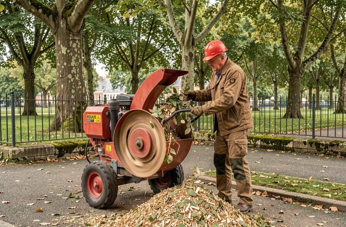 Élagueur utilisant un broyeur de branches dans un parc public de Rouen, avec tas de copeaux de bois au sol