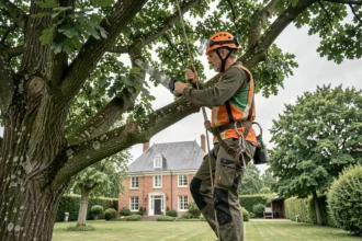 Élagueur professionnel sécurisé dans un arbre avec harnais et casque à Rouen, effectuant une taille de branches en hauteur dans un jardin résidentiel