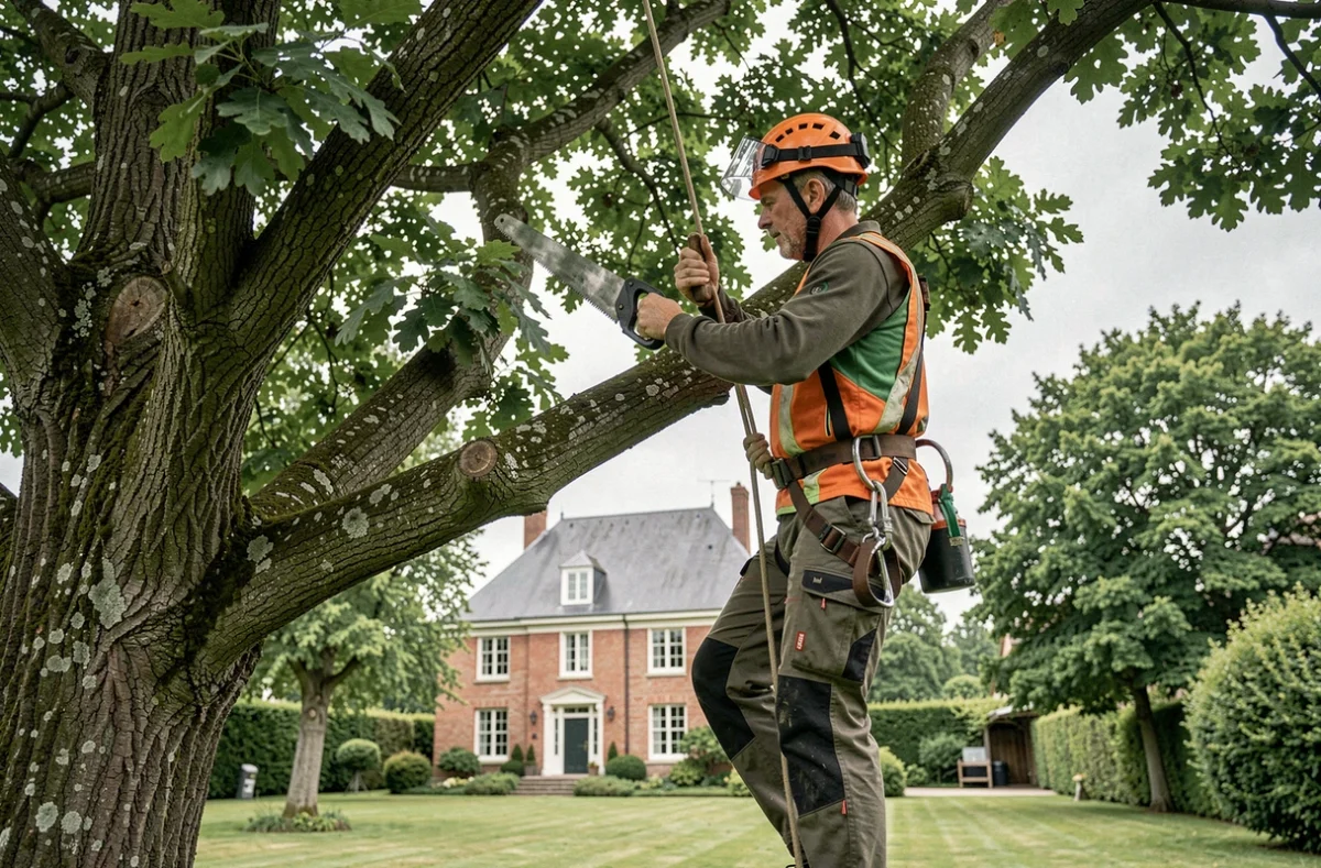 Élagueur professionnel sécurisé dans un arbre avec harnais et casque à Rouen, effectuant une taille de branches en hauteur dans un jardin résidentiel