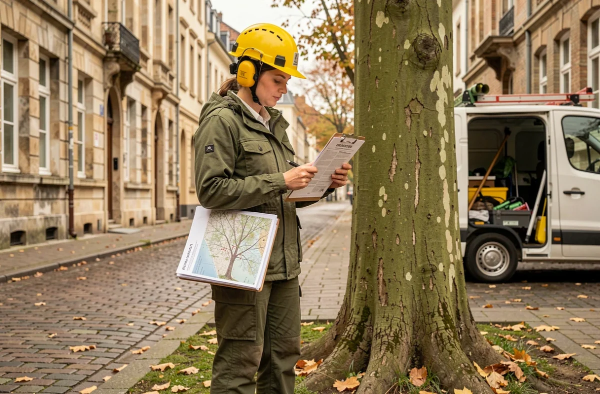 Élagueuse professionnelle consultant un rapport d'inspection au pied d'un arbre sur une rue pavée de Rouen