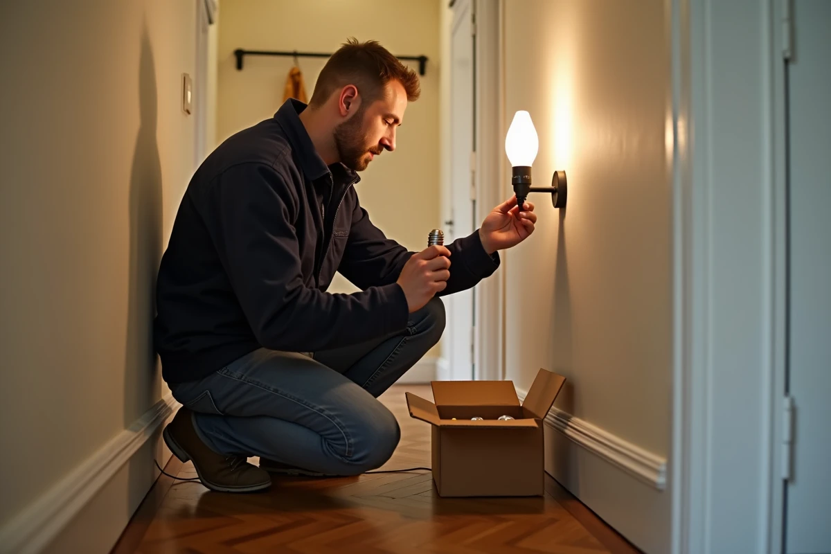 Électricien comparant le culot d'une ampoule E14 avec une applique murale dans un couloir résidentiel