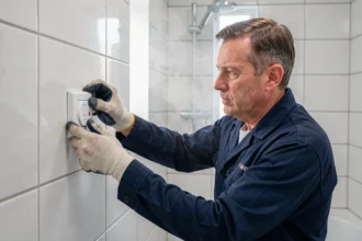 Électricien installant une prise électrique certifiée IP44 dans une salle de bain carrelée