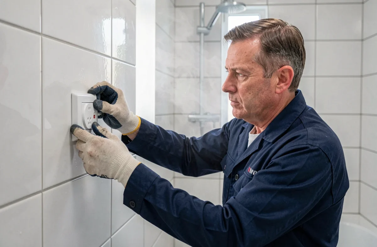 Électricien installant une prise électrique certifiée IP44 dans une salle de bain carrelée