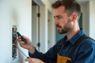 Électricien examinant un interrupteur Legrand double va-et-vient démonté sur un mur blanc avec tournevis