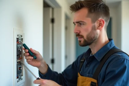 Électricien examinant un interrupteur Legrand double va-et-vient démonté sur un mur blanc avec tournevis